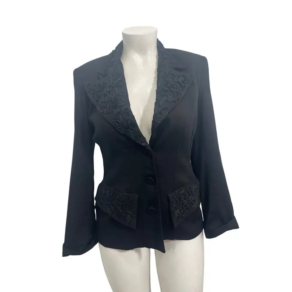 OREA Vintage Women Black Wool Blend Blazer With Embroidery Trim Size 3